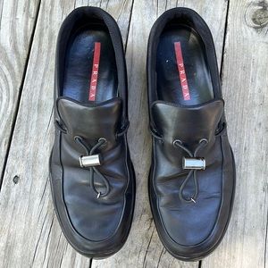 Prada vintage black leather rubber bottom men’s toggle loafers size 11.5